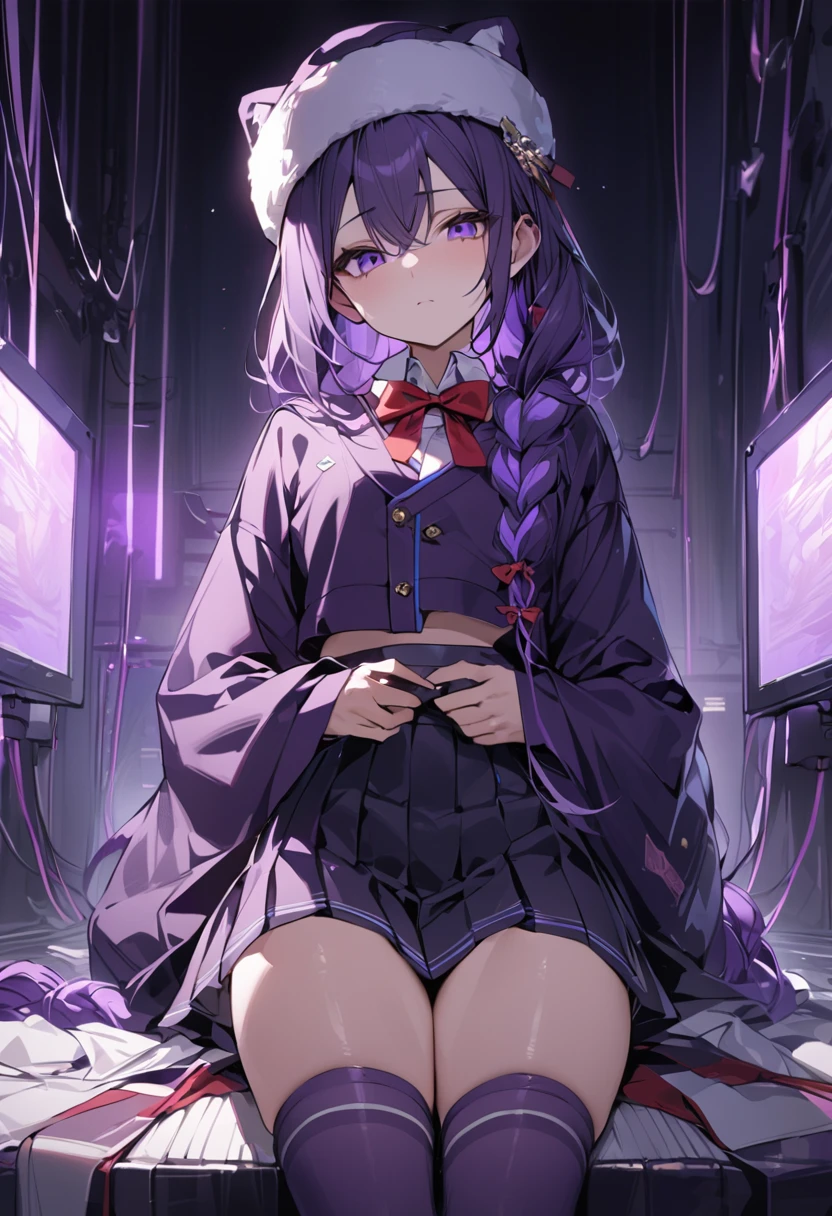 masterpiece, best quality, young woman, dark purple hair, very long single braid, bright purple eyes, white collared shirt, furisode sleeves, thin red bow tie with a diamond-shaped pin on the front of the bow under the collar, black high-waisted pleated skirt, dark purple high socks, white ear flap ushanka hat, calm, expressionless, dark room with a little bit of blue and purple light, wires hang haphazardly, dark 