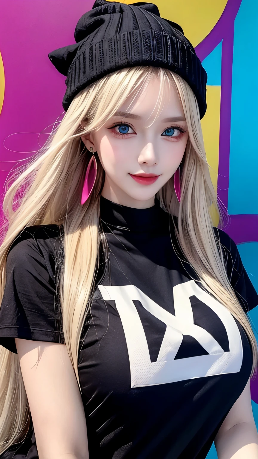 1 girl,Sexy Mature,long blonde hair,Very long, long hair,blue eyes,Super detailed face,Detailed eyes,Wearing a colorful beanie with no brim,Big breasts,dressed stylishly,Black T-shirt,statement earrings、jewelry,wearing sunglasses,Smiling all over,Upper body shot,background:colorful rainbow wall,Cool,