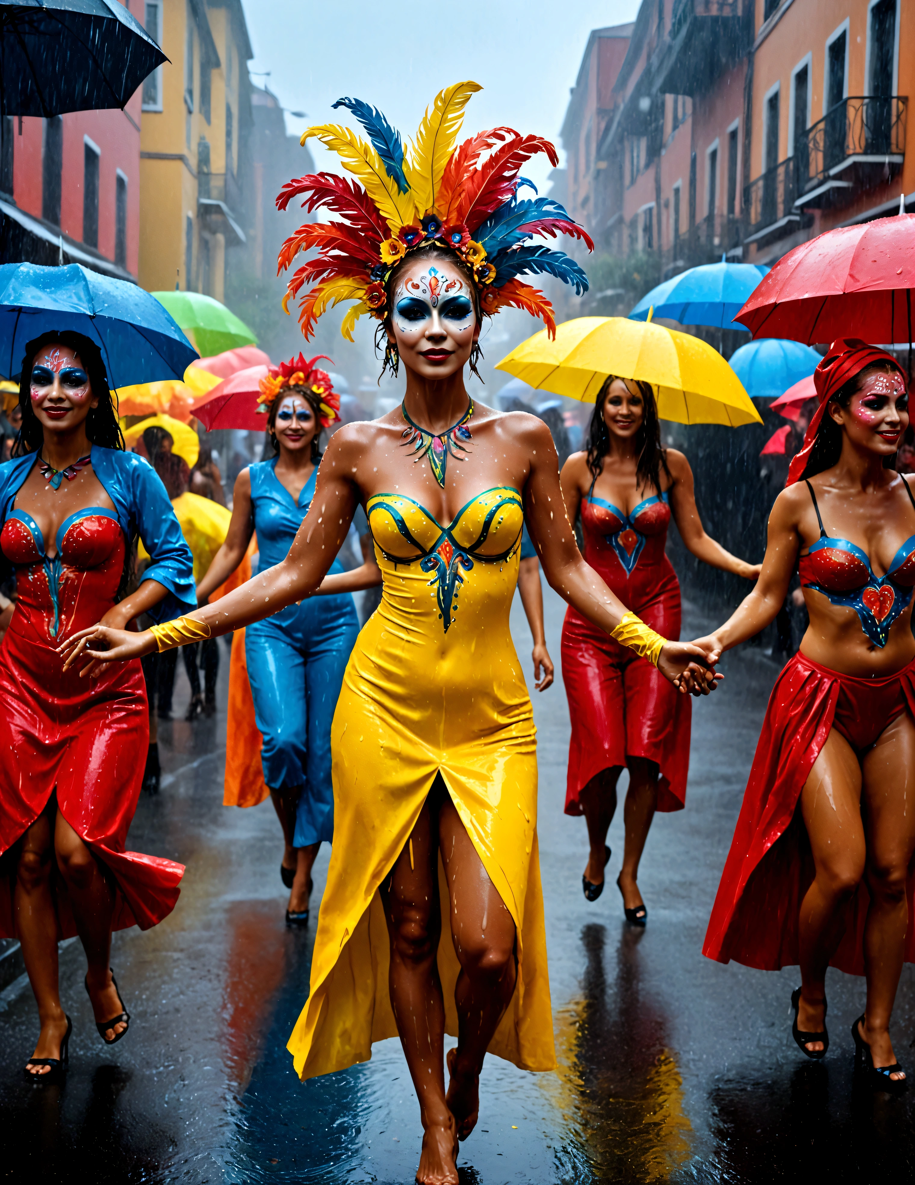 Carnivale, a party of people in body paint costumes dance in the street, a heavy rain has hit, they dancers continue without stopping. Festive, colorful, joy
