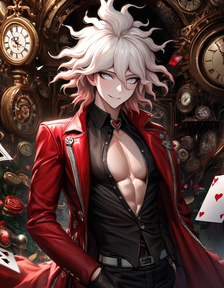 ultra detailed, high resolution, absurdities, HDR, komaeda nagito, by white, silver eyes, danganronpa, long red coat, black fitted shirt with prints, clock, gear, in Wonderland, heart cards, sexy man, Alone, elegant, Very detailed face and eyes, black gloves, toned chest, smiling