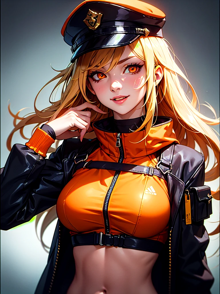 ((Portrait)), She has a Cheerful and Striking Appearance, with a Vibrant Charm, Fair Skin, and a Slender Build. She Expresses a Bright and Enthusiastic Look, Giving Off an Energetic Attitude. She has Orange Eyes, and Her Hair is Short and Tousled, Light Blonde, with Strands Falling Over Her Face. She Wears an Open Orange Jacket with a Black Crop Top, Revealing Her Midriff, and a Russian-style Aviator Cap. ((Portrait, HDR, Dark Background))
