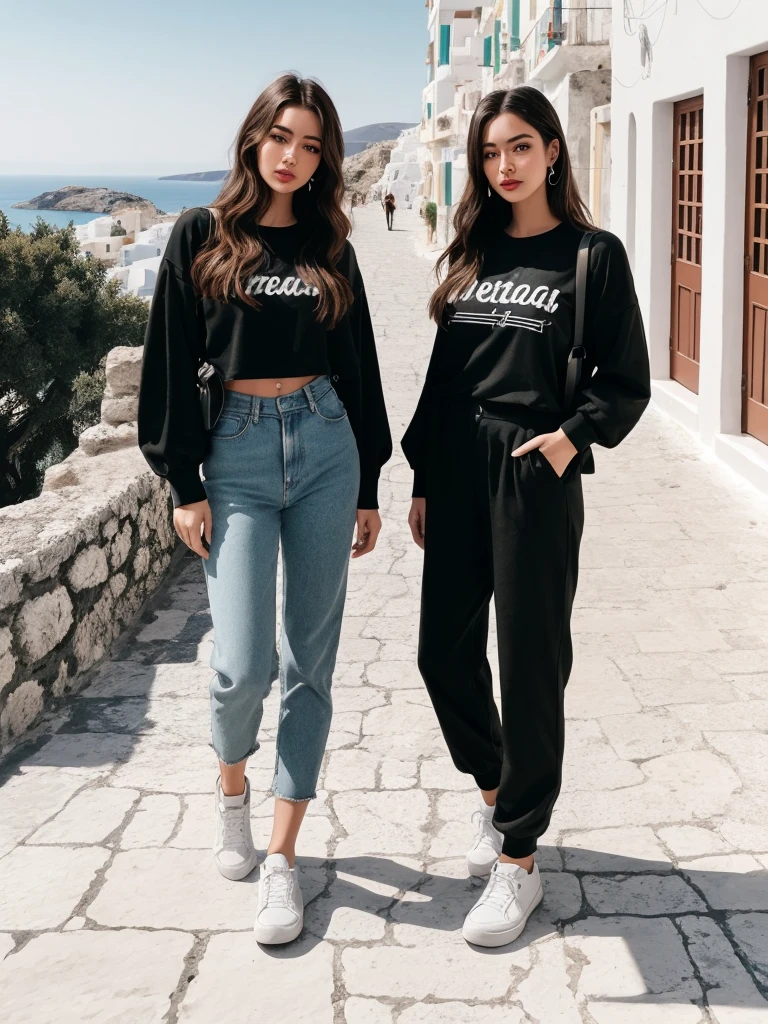 Instagram model influencer, full body, realistic, cinematic, black outfit in Greece