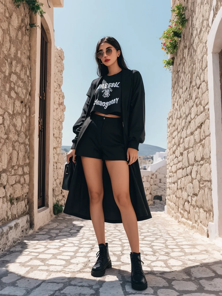 Instagram model influencer, full body, realistic, cinematic, black outfit in Greece