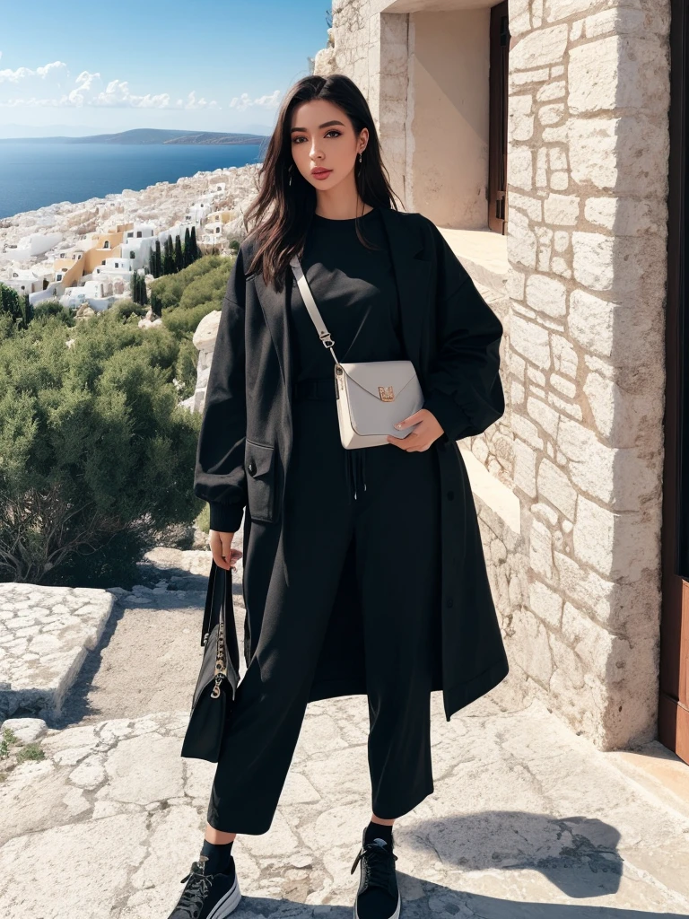 Instagram model influencer, full body, realistic, cinematic, black outfit in Greece