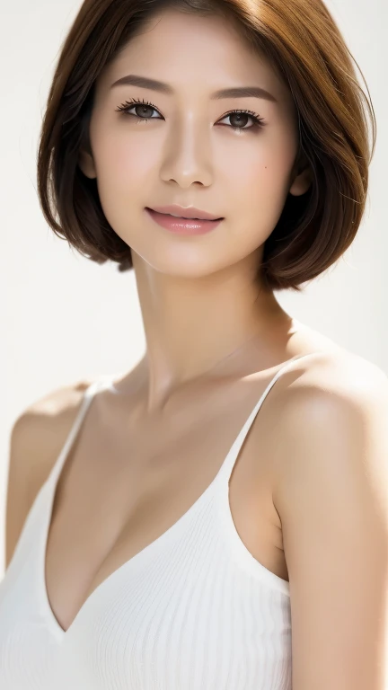 ((masterpiece, Highest quality, High resolution)), 1 Girl, (Realistic: 1.4), alone, White Background, snow-White Background, Mouth closed, smile, smile, Beautiful black hair, short hair, Big eyes, Transparent double eyelids, eyelash, Listen carefully, Long neck, Long neck, Absolute area, ((Face close-up)), (Draw the whole head, shoulder), 19 years old, Attractive proportions, Shiny skin, Beautiful clavicle, Golden ratio face, Perfect Face, Teardrop-shaped mole, Mole on chest, bangs, clean bangs, Lip gloss, Pale lips, Pale skin, naked, Big Breasts, Small face, Small face, Draw the whole head, draw all shoulder, From the side, Looking into the camera