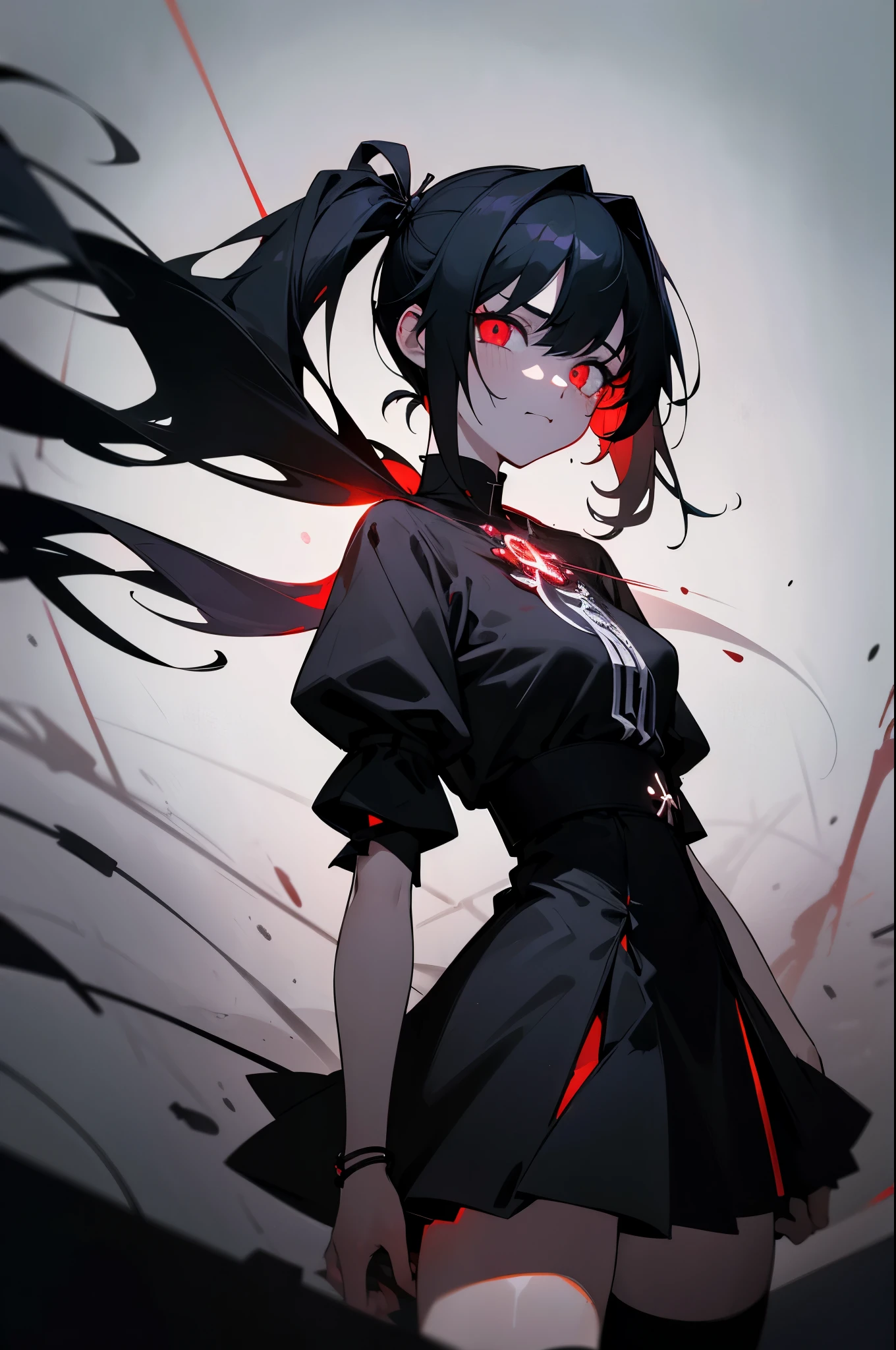 1 girl ,(big Stigmata) , ruined church, bloody rosary , (floating hair, floating skirt), ((blood sea)),from side, character focus, ((black light)),((dark lighting)), cinematic lighting ,(darkness), (concept art), ((rape face)) ,black long straight hair, black hair, pigtail hairstyles, long straight pigtails, hair ribbon , red eyes color, short black dress, tight black dress, absolute territory, thigh high socks, (glowing eyes), high resolution,(incredibly absurdres) ,extremely detailed CG unity 8k wallpaper, ((masterpiece)), ((top-quality)), (beautiful illustration), ((an extremely delicate and beautiful)), (masterpiece, Best quality, ultra high resolution), Black hair, pale skin, Black Crown, red eyes, Luminous_eyes, neon eyes, ultra detailed eyes, Beautiful and detailed face, detailed eyes, (Centered, torso), (tears), (wide shot:0.9), facing the viewer, Eye levell