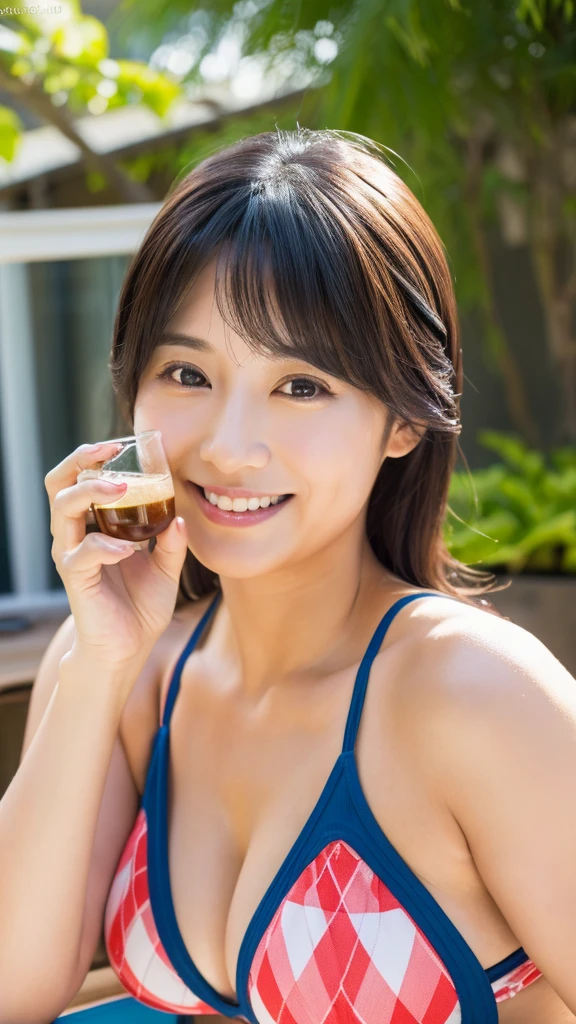((最high quality, 8K, masterpiece: 1.3)), (close:0.75), Realistic, Sharp focus, high quality, High resolution, Japanese,Huge Busty Woman、36-year-old middle-aged woman、Chubby body type、Mature woman with huge breasts （Wearing a small triangle bikini),、 ((Very strong sunlight)), smile, Black Hair,かわいいsmileとセクシーポーズ、Drinking draft beer on the open terrace、A long shot