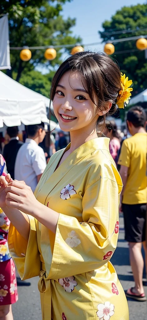 A woman wearing a yellow floral yukata having fun at a summer festival in the evening