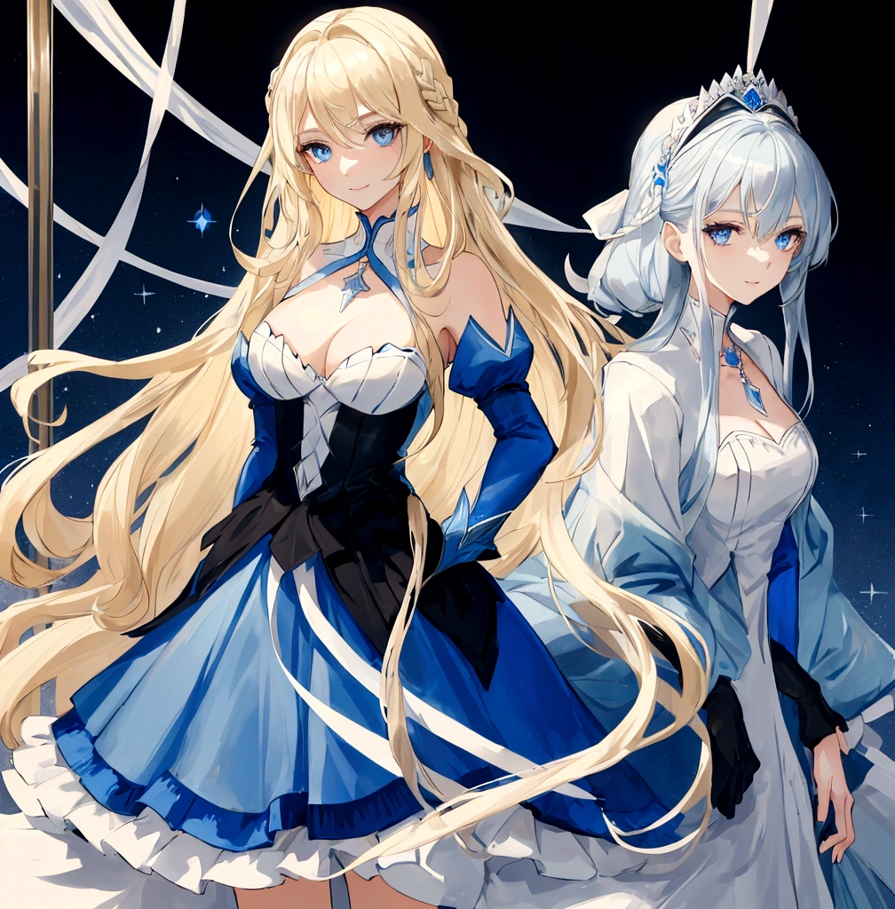 a young woman with long blonde hair and bright blue eyes. She's wearing a blue dress with a white collar and a simple silver necklace. She stands in front of a black background with a neutral expression and a hint of a smile.