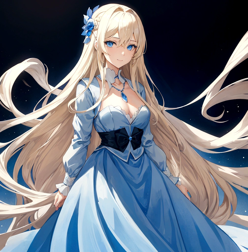 a young woman with long blonde hair and bright blue eyes. She's wearing a blue dress with a white collar and a simple silver necklace. She stands in front of a black background with a neutral expression and a hint of a smile.