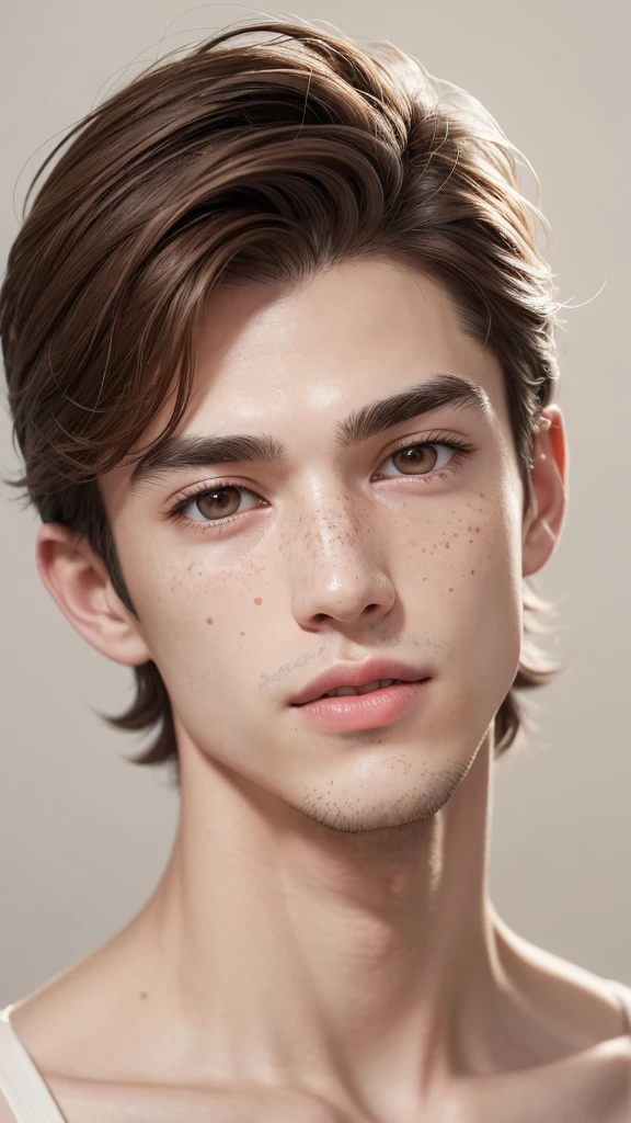 Man in his 20s a little shorter, slim defined body, slightly pinkish white skin, few freckles on the nose and cheeks, more delicate appearance, snub nose, thinner and more defined red lips, large, almond-shaped gray eyes and thick, long eyelashes, thick, arched eyebrows, light brown hair and slightly separated square teeth