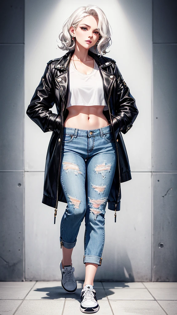 Elegant 27 year old woman,, short wavy white hair, small and fleshy lips, simple makeup, confident look, dressed in jean pants, Sports shoes, short blouse showing the navel with a butterfly earring and a black jacket