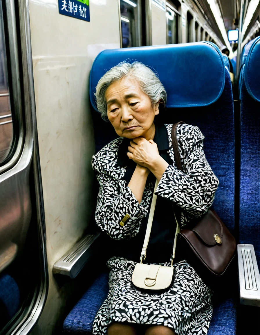 Old woman clinging to the seat、Inside the train
