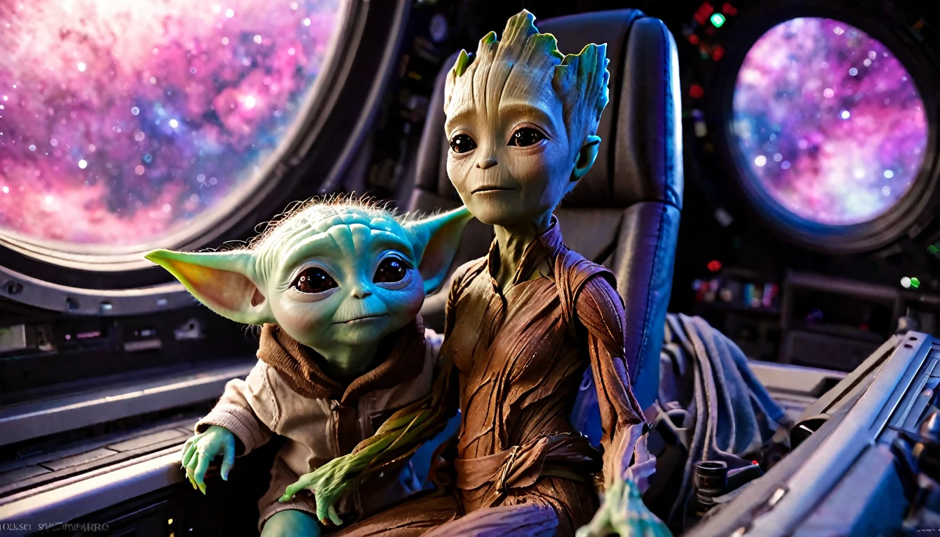 baby Groot and baby Yoda, looking towards the horizon, from the cabin of a spaceship, towards the cosmos made up of violet nebulae and galaxy colors, very detailed image, sharp focus, studio photography, xf iq 4, 1 5 0 0 0 0 0 0 0 0 mp, 5 0 mm, iso 2 0 0 0 0, 1/ 1 6 0 0 0 s, realistic, natural light, octane rendering, adobe lightroom, photorealistic, thirds resolution, symmetric balance, layers depth, polarizing filter, . ..., hd, color optics, ..., hd, opaque color, masterpiece, ..., masterpiece, ..., hd, opaque color, masterpiece