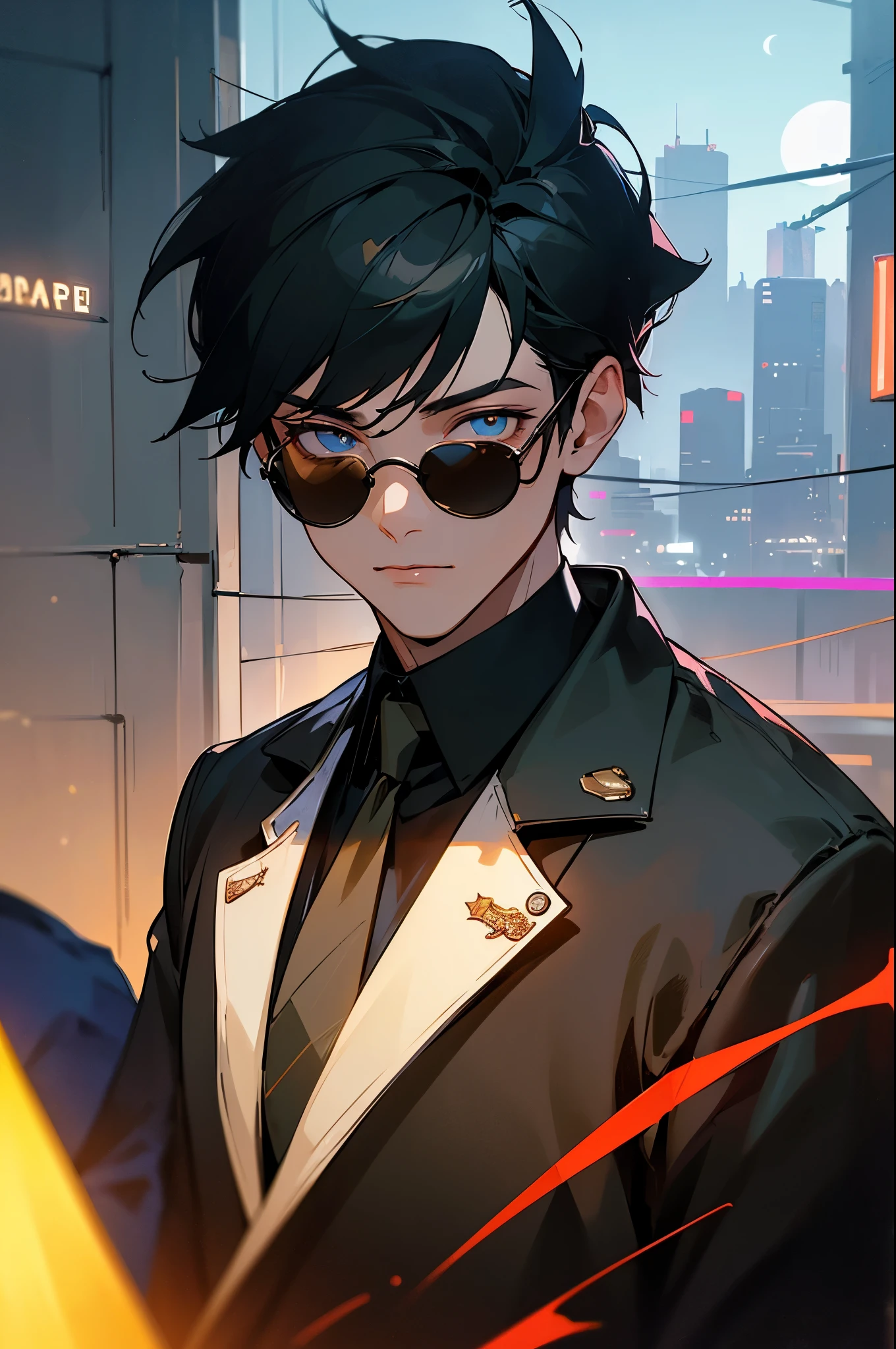 (best quality, masterpiece1.2), (detailed eye: 1.2), complex detail, depth of field, 1boy, Man, Men, boy, city, cyberpunk, neon, neon lights, night, moon, three-quarter view, rope, sunglasses, oldman, military