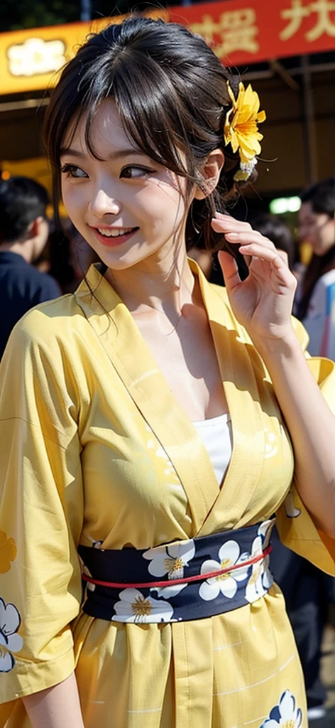 A woman wearing a yellow floral yukata having fun at a summer festival in the evening