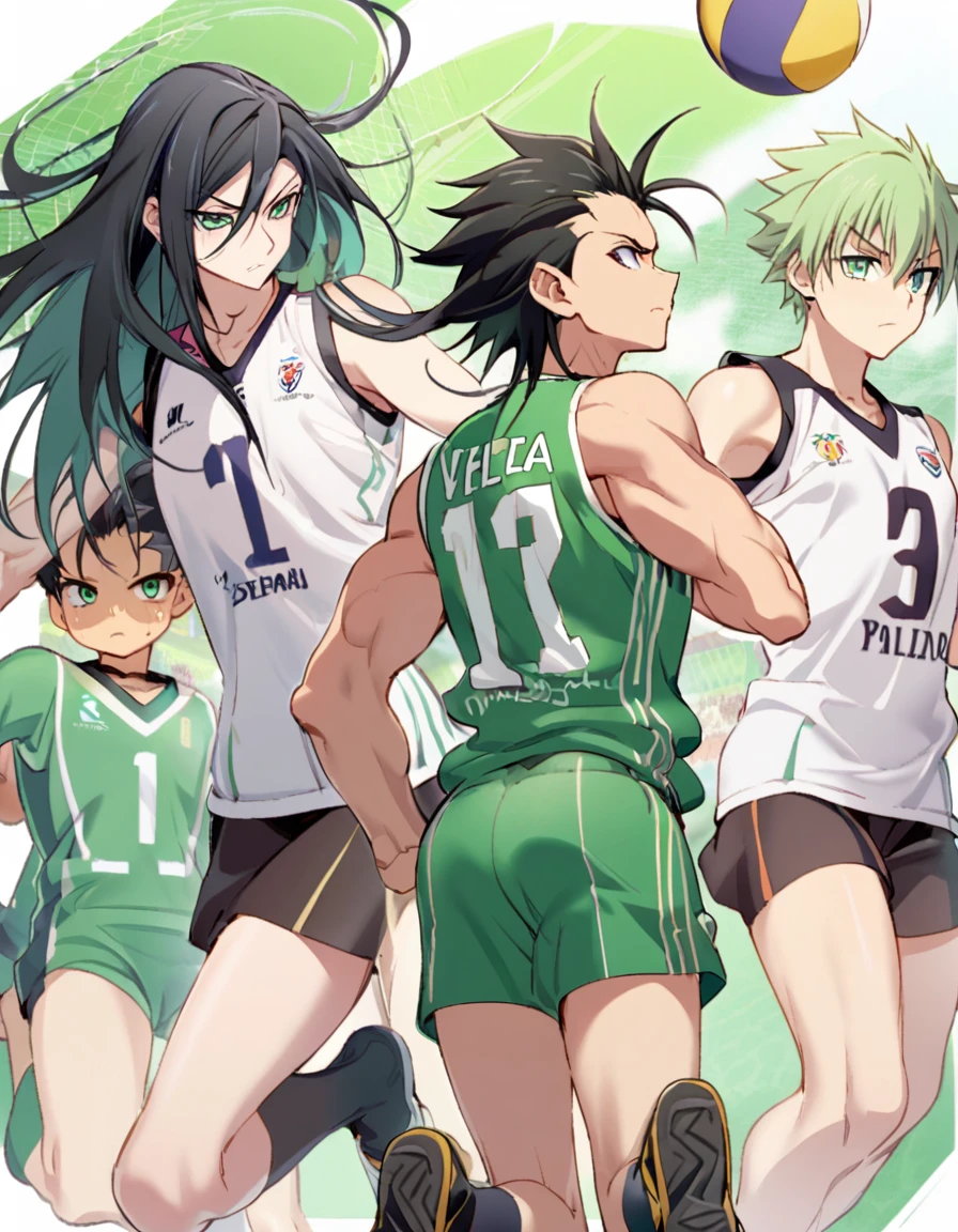 straight\(Asisino de demonios\), 1 chico, muichiro straight, muscular, black Hair, is, Alone, long Hair, mint green eyes, long loose hair, multicolored Hair, mirando al ispectador, ojos medio seriouss, istadio voley Back, cozy afternoon, verde menta Hair, serious, voley istadio, disde atrás, Closed mouth, completely, Back, JUMPING, with volleyball uniform, ball in white hand,piel palida transparentis, legs JUMPING, attractive, embarrised, Hair_censor, centered