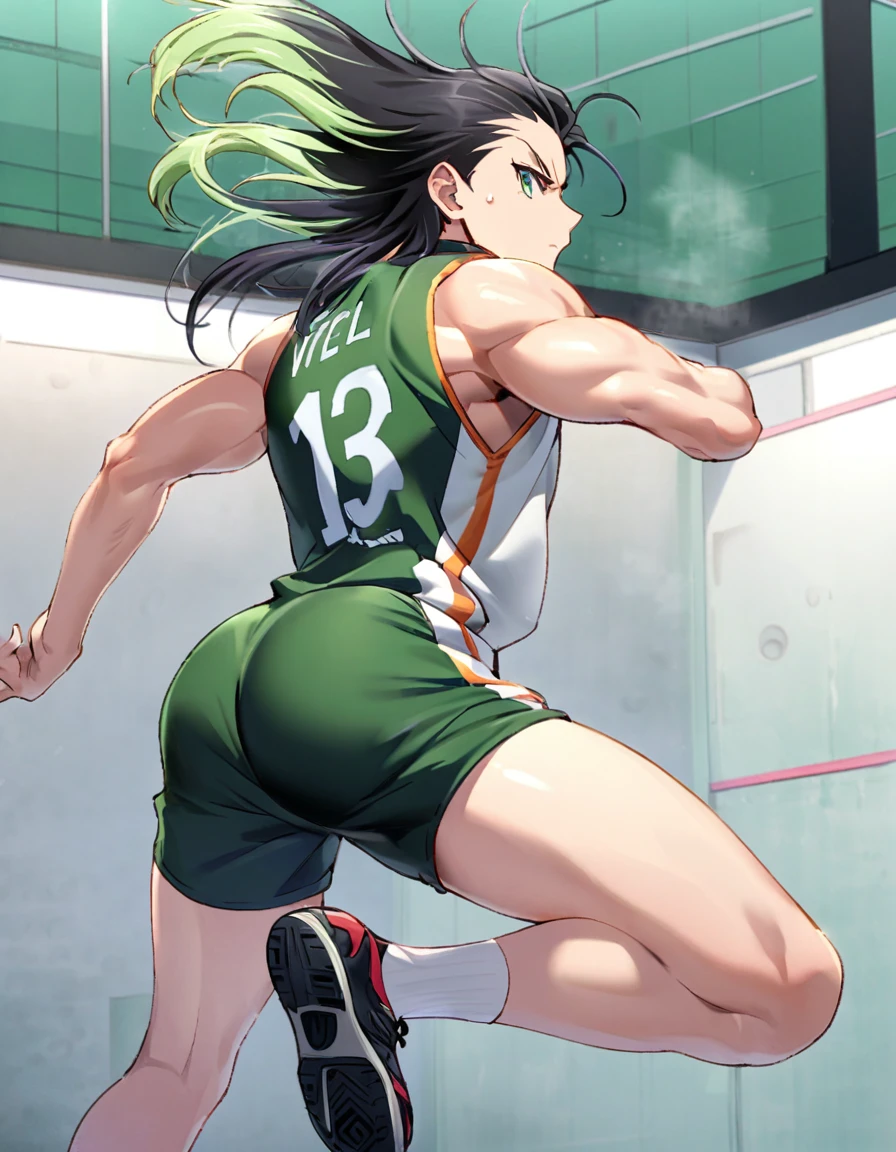 straight\(Asisino de demonios\), 1 chico, muichiro straight, muscular, black Hair, is, Alone, long Hair, mint green eyes, long loose hair, multicolored Hair, mirando al ispectador, ojos medio seriouss, istadio voley Back, cozy afternoon, verde menta Hair, serious, voley istadio, disde atrás, Closed mouth, completely, Back, JUMPING, with volleyball uniform, ball in white hand,piel palida transparentis, legs JUMPING, attractive, embarrised, Hair_censor, centered