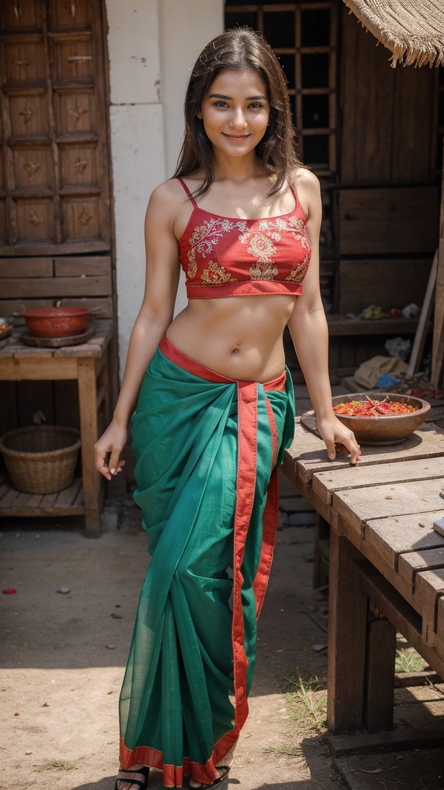 26 years old women Russian mature cute perfect face smiling wearing sexy saree and making a hand made bycycle with  chilli art