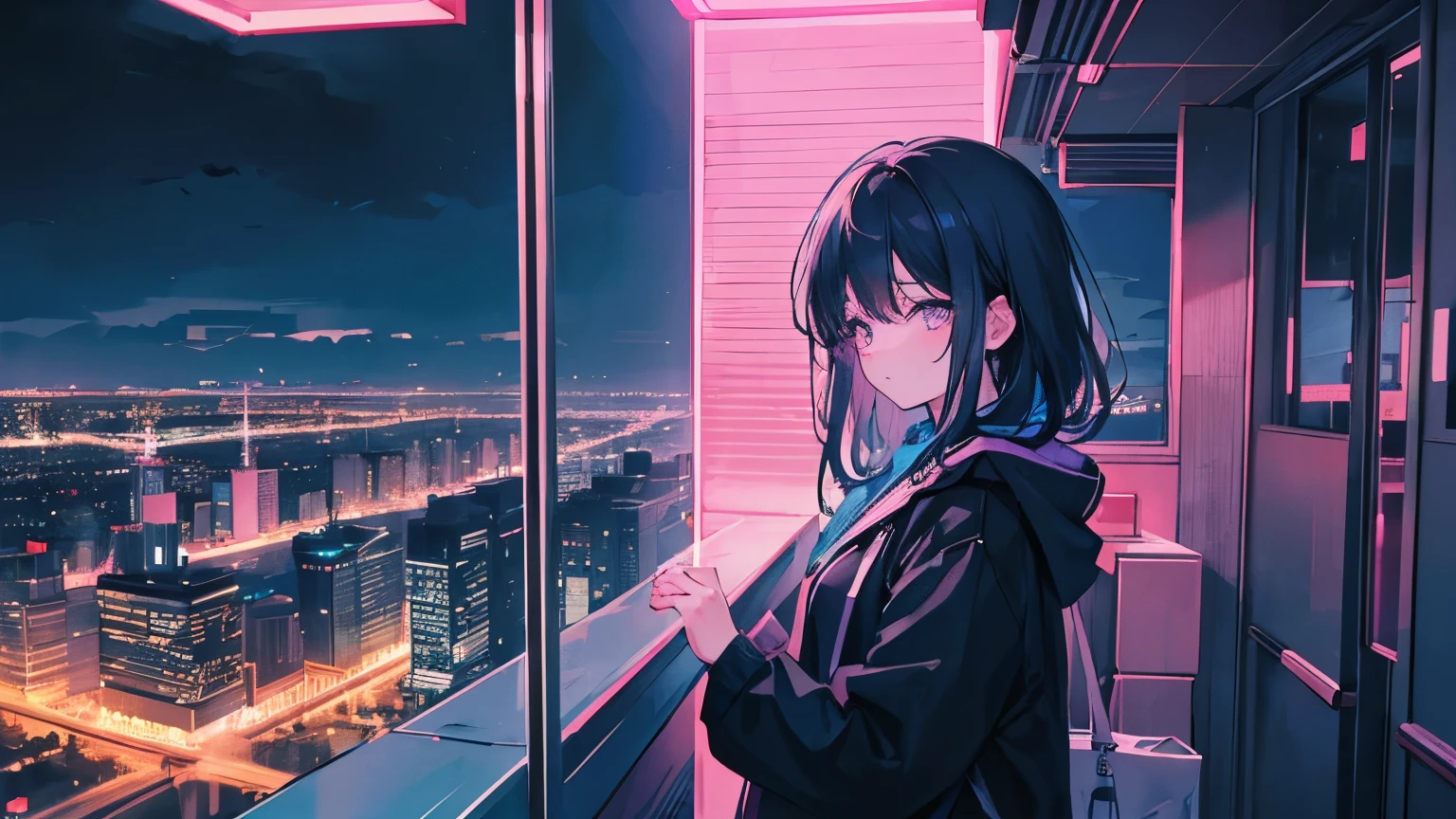 The illustration depicts an urban nightscape with an 80's city pop atmosphere. In the background are skyscrapers glowing with neon lights and a bustling cityscape, giving the viewer a sense of urban vibrancy. The overall color palette is a gradation of soft nighttime blues and pinks, creating a nostalgic and modern atmosphere. The illustrations balance the serenity and liveliness of an urban night from on high, creating a relaxing and inviting mood for the viewer."

Translated with DeepL.com (free version)