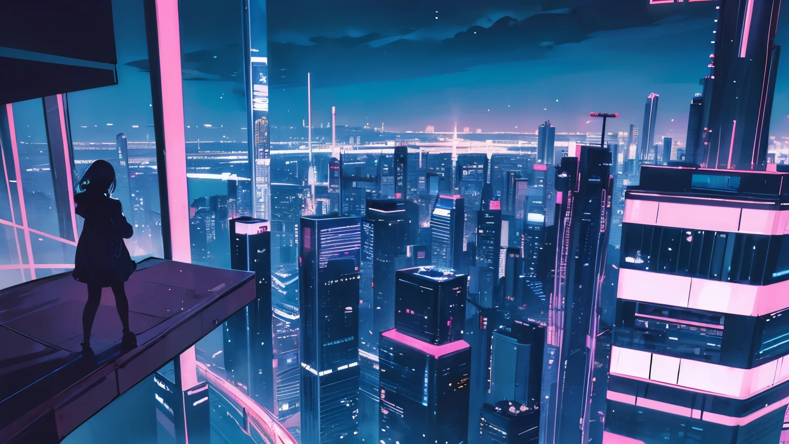 The illustration depicts an urban nightscape with an 80's city pop atmosphere. In the background are skyscrapers glowing with neon lights and a bustling cityscape, giving the viewer a sense of urban vibrancy. The overall color palette is a gradation of soft nighttime blues and pinks, creating a nostalgic and modern atmosphere. The illustrations balance the serenity and liveliness of an urban night from on high, creating a relaxing and inviting mood for the viewer."

Translated with DeepL.com (free version)