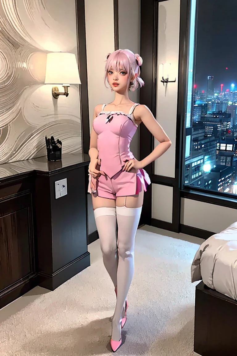 (白いボディスーツを着たbeautiful girl:1.2), (Realistic perfect body:1.2), (Anime Barbie in White Stockings:1.4), Smooth, Translucent white skin, Pale milky porcelain skin, (Curves and arches), (Surreal full-body portrait、Standing posture:1.4), Commonly known as amouranth, thick, Full body and head view, Smooth white tight clothing suit, masterpiece, (photoGenuineistic: 1.4), Highest quality, Beautiful lighting, Girl Single, alone, jewelry, short hair,bangs、 (Iris, Big seductive eyes:1.4)、Scapula, Glowing Lips,Genuine, bangs, Golden ratio face、Colored Stones、(Big Breasts:1.4),(CG Unity 8k Highly Detailed Wallpaper), Complex, High detail, dramatic, beautiful girl, RAW Photos, 8K Ultra HD, Film Grain、(Hotel Rooms、The large windows offer a hazy view of the big city at night.、neon:1.4)、(smile、Pink blush on cheeks、plump lower lip、Pink Lips:1.2)、(Crotch crack:1.4)