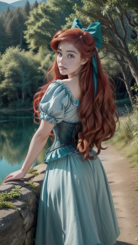 Photorealistic,photography, (ArielWaifu:1), smile, cute, beautiful pose, looking at the viewer, thick thighs, (blue dress, hair bow, corset), walking, from below, bright red hair, (realistic: 1.2), (realism), (masterpiece: 1.2), (best quality), (ultra detailed), (8k, 4k, intricate), (full-body-shot: 1), (Cowboy-shot: 1.2), (85mm), light particles, lighting, (highly detailed: 1.2), (detailed face: 1.2), (gradients), sfw, colorful, (detailed eyes: 1.2),
(detailed landscape, night, lake, magic forest, plants: 1.2), (detailed background), detailed landscape, (dynamic angle: 1.2), (dynamic pose: 1.2), (rule of third_composition:1.3), (line of action: 1.2), wide shot, daylight, soil,