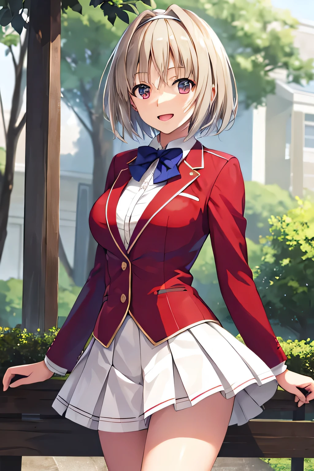 masterpiece, Highest quality, High resolution, Akio, short hair, Hair Intake, White hair band, Blue bow tie, Collared shirt, blazer, Red jacket, Long sleeve, White Skirt, Pleated skirt, Black socks, Cowboy Shot, Are standing, Outdoor, straight, Place your arms at your sides, smile, Open your mouth,