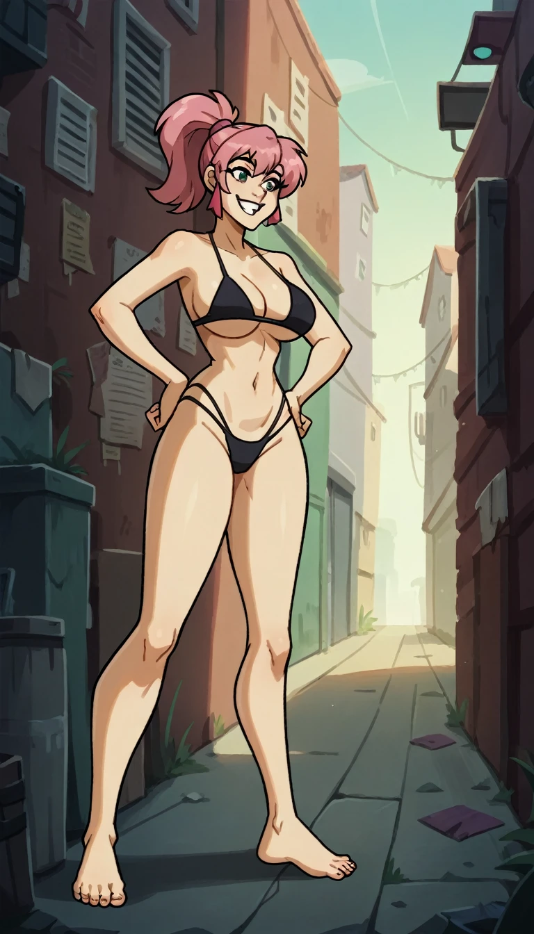 Masterpiece , best quality , Masterpiece , best quality , 1 woman , conjunctivitis , Pink ponytail , sly face , smile , black bikini , abdomen , big breasts , Long legs , Barefoot , hands on hips , spread your legs , alley