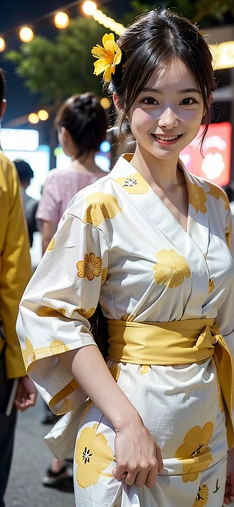 A woman wearing a yellow floral yukata having fun at a summer festival in the evening