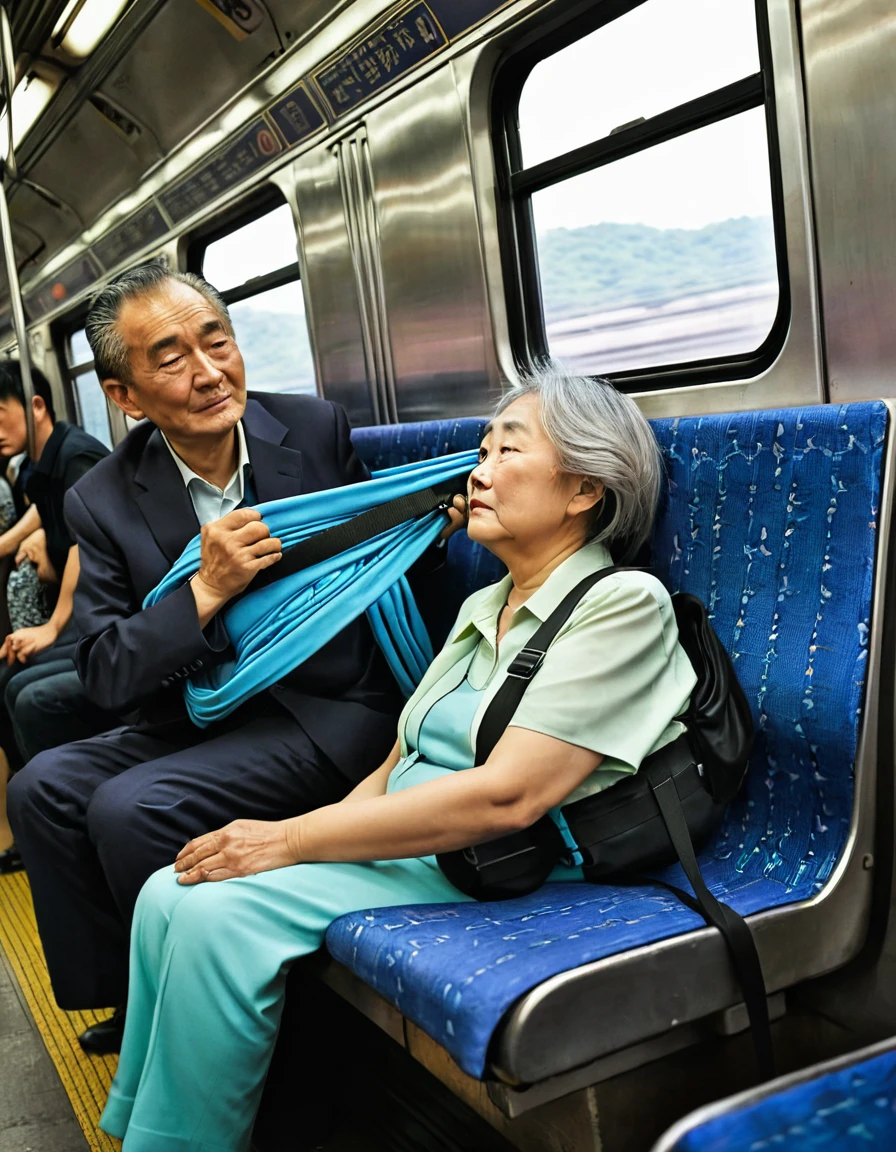 Old woman clinging to the seat、Inside the train、Man holding on to a strap