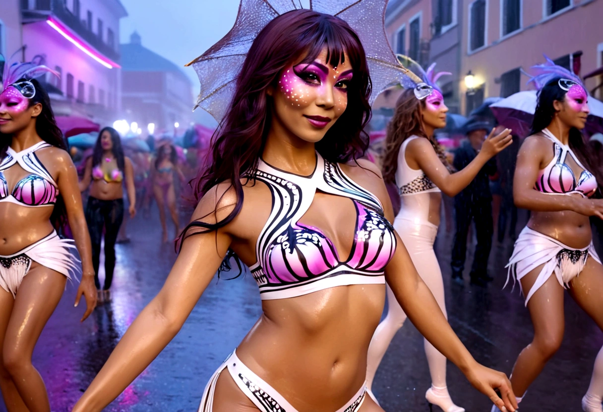 a crowd of people in vibrant body paint costumes dancing in the street during a rainy Carnivale celebration, extremely detailed, dynamic movement, volumetric lighting, vivid colors, cinematic composition, photorealistic, 4k, highest quality, masterpiece, professional photography