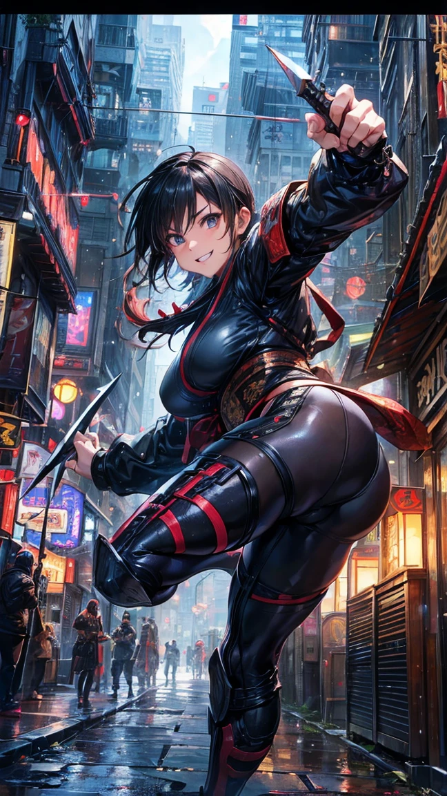 (1 mature female ninja,Age 35), ((Pub,guild)),(smile),Dynamic pose,Dynamic Angle,Pose for a photo,From below,Elderly woman、Trading Card Game Frames、Highest Rare、Five Fingers、Signature mark、Big Butt、Black Hair、Fighting Pose、Ninja costume、Full Body Suit、kunai、Japanese style cyberpunk、A ninja running through a modern city