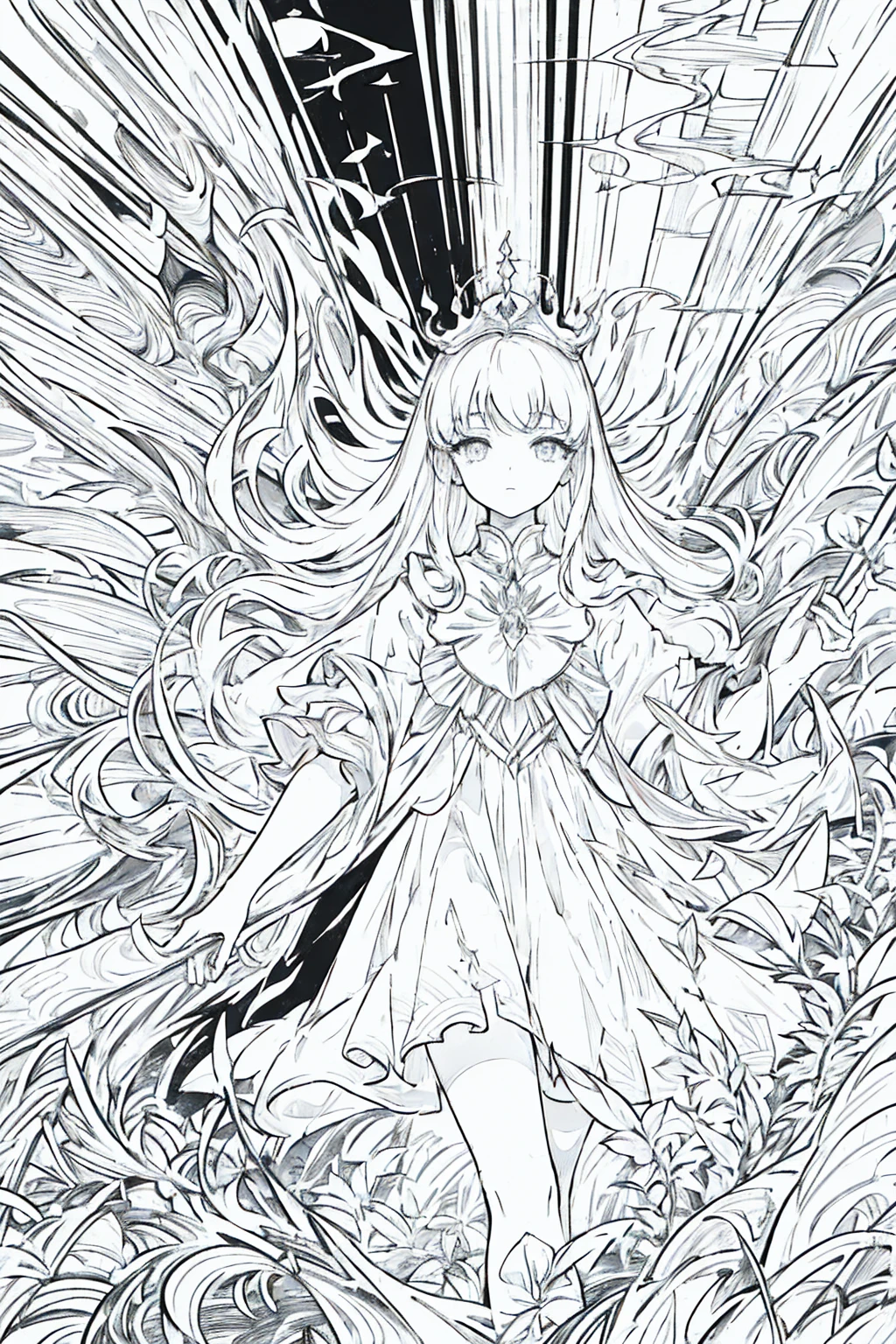 (masterpiece), hres, high quality, 4k, unity render, 1girl, solo, lineart, (monochrome:1.2), intrincate detailed,Proud white long hair,Golden eyes,Thorny Crown,Holding a knight's spear,Dirty clothing,