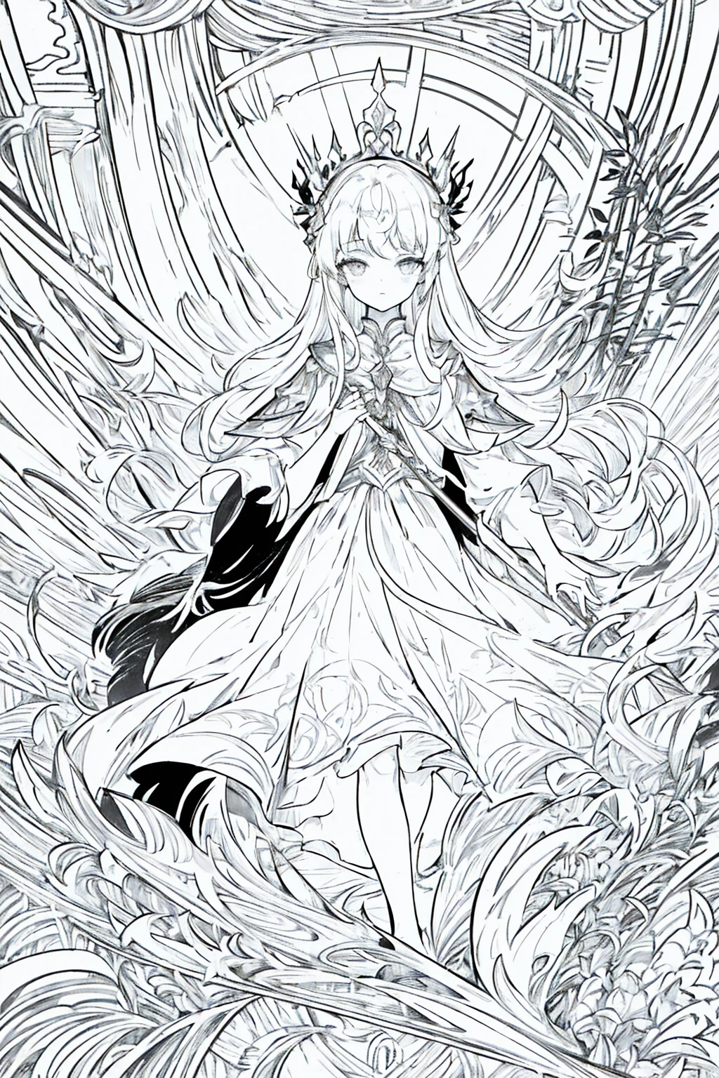 (masterpiece), hres, high quality, 4k, unity render, 1girl, solo, lineart, (monochrome:1.2), intrincate detailed,Proud white long hair,Golden eyes,Thorny Crown,Holding a knight's spear,Dirty clothing,