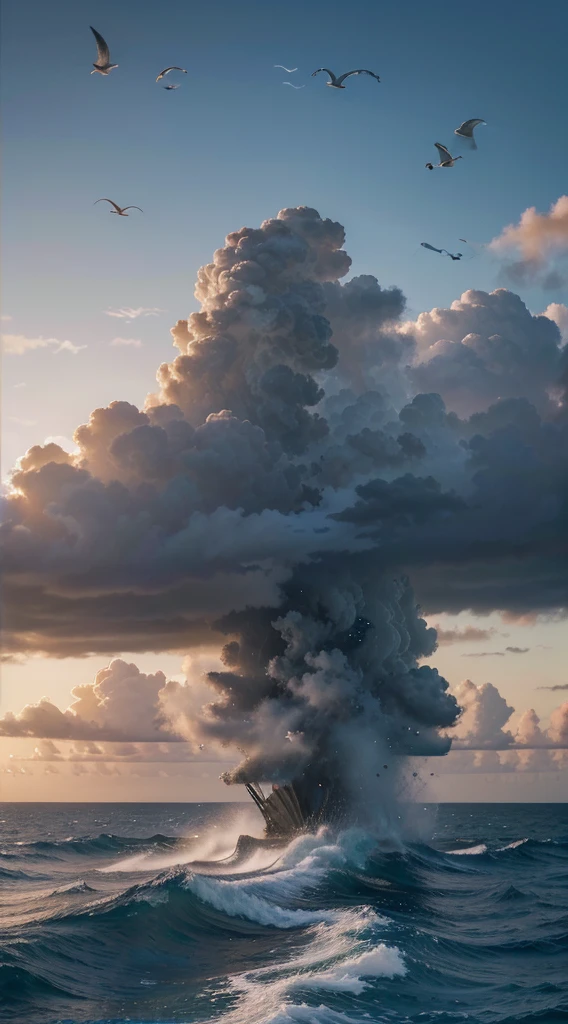 (Very detailed CG unity 8k wallpaper), flocks of seagulls flying over the sea, sunrise over the sea, clouds floating in the sky, sea splashing, HD pictures, super detail, high quality, best quality, engage resolution The most beautiful artwork in the world, high detail, clear focus, dramatic, realistic painting art, blue sky.