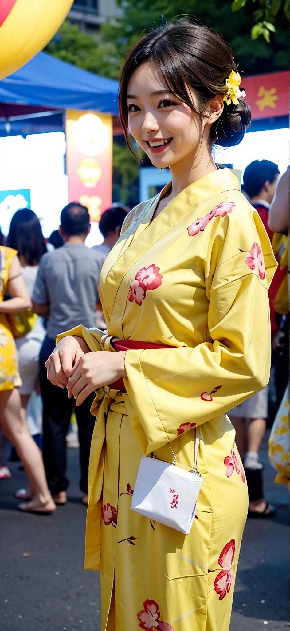 A woman wearing a yellow floral yukata having fun at a summer festival in the evening