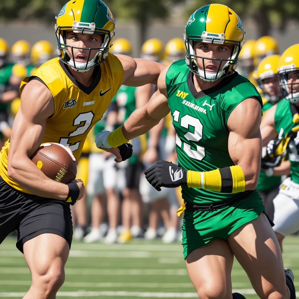 Men’s Flag football sleeveless uniform, with primary color yellow and green details, must contain a drawing of a corn as a logo