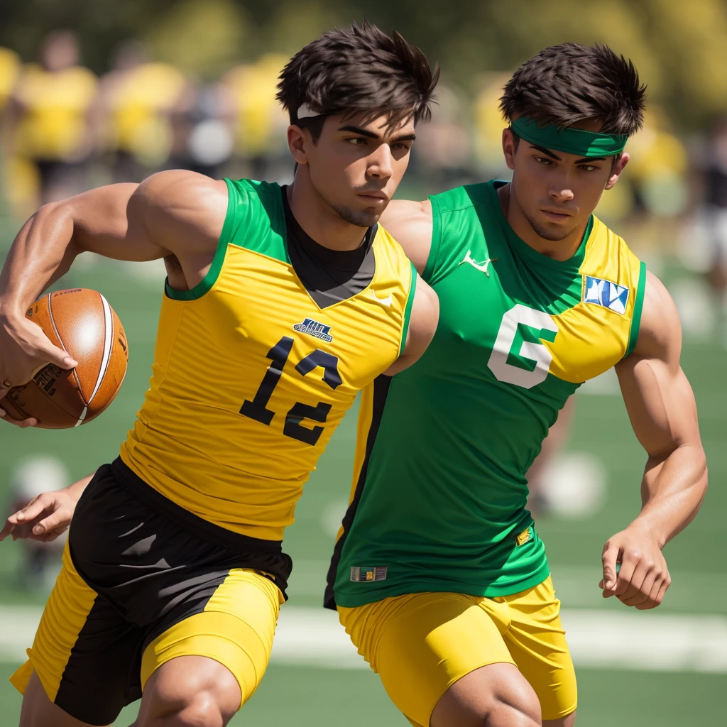 Men’s Flag football sleeveless uniform, with primary color yellow and green details, must contain a drawing of a corn as a logo
