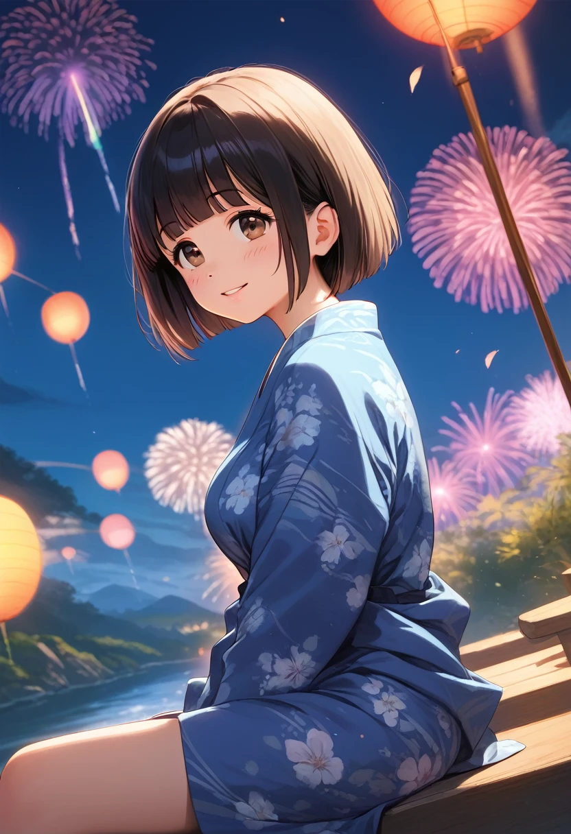 score_9,score_8_up,score_7_up,masterpiece,best quality, source anime, realistic, super detailed, extreme detailed, rating_safe,
1girl, sitting, looking up, from side,
BREAK girl, 22yo, short hair, bob cut, (blunt bangs), black hair, (tareme, detailed cute brown eyes), curled eyelashes, (large breasts:0.9),
shiny hair, beautiful detailed eyes, beautiful face,
slender, small ass, slim legs,
yukata, fan,  
blush, smile, parted lips,
outdoors, summer, night sky, fireworks, river, bank,