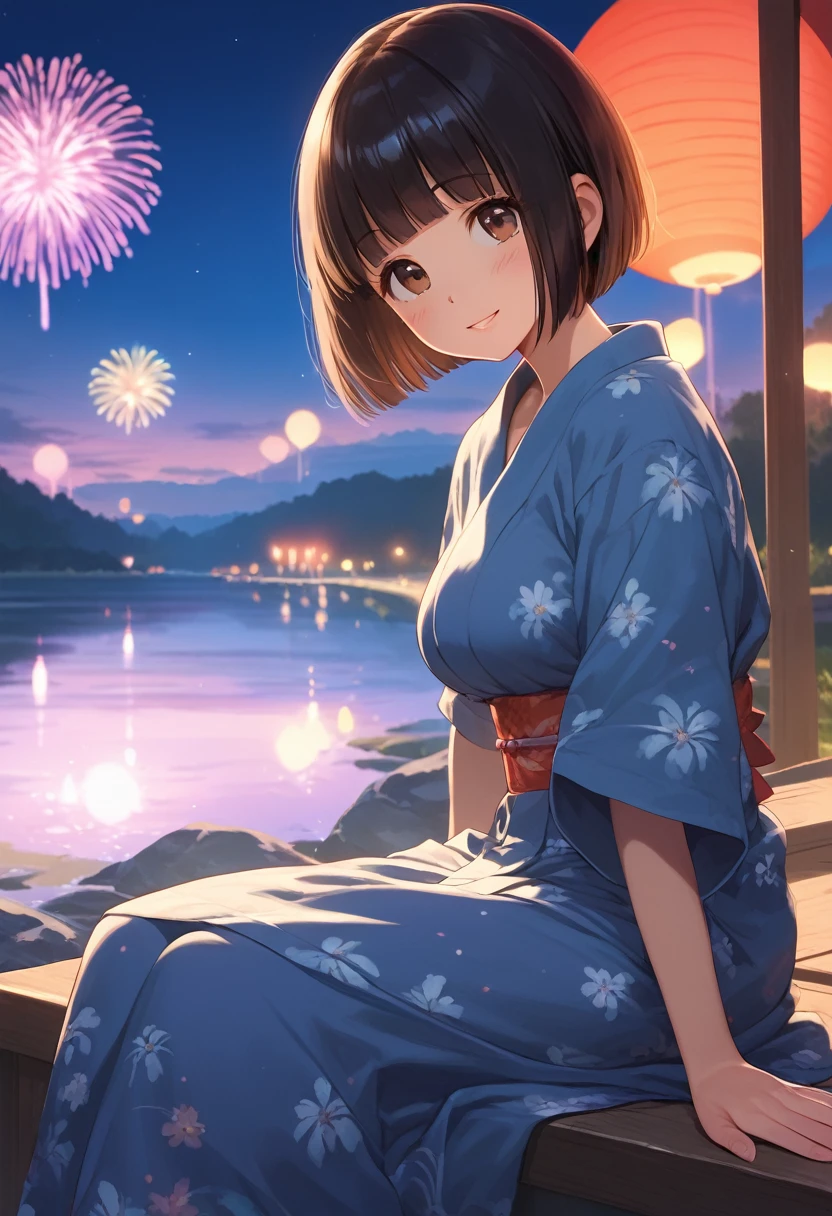 score_9,score_8_up,score_7_up,masterpiece,best quality, source anime, realistic, super detailed, extreme detailed, rating_safe,
1girl, sitting, looking up, from side,
BREAK girl, 22yo, short hair, bob cut, (blunt bangs), black hair, (tareme, detailed cute brown eyes), curled eyelashes, (large breasts:0.9),
shiny hair, beautiful detailed eyes, beautiful face,
slender, small ass, slim legs,
yukata, fan,
blush, smile, parted lips,
outdoors, summer, night sky, fireworks, river, bank,
