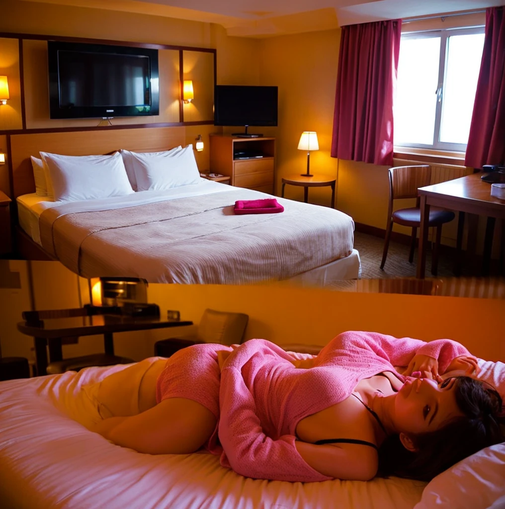 Love Hotel、Large double bed、Pink light、There is a TV、Sexy vibe、The bed is disheveled、There is a girl's bra on the bed