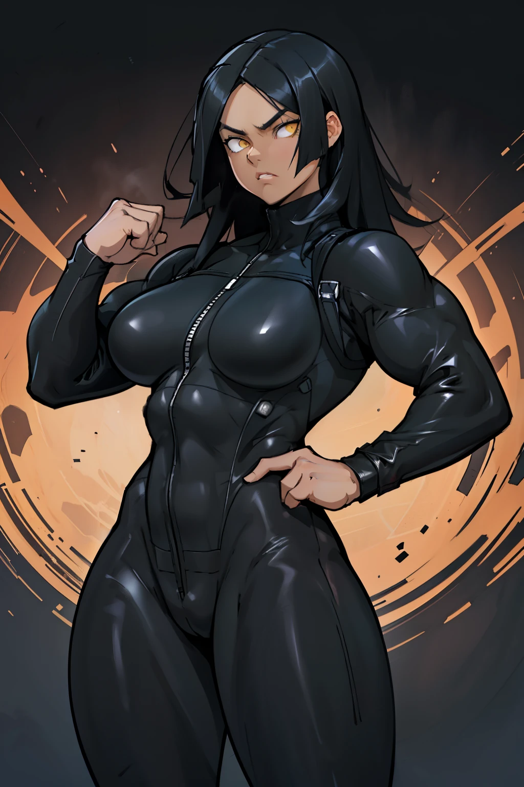 angry girl black hair yellow eyes hair between eyes ((full black bodysuit)) ((full black bodysuit)) ((full black bodysuit)) ((full black bodysuit)) ((full black bodysuit)) thick thick thick thick thick thick thick thick thick thick large breasts huge muscles huge thighs