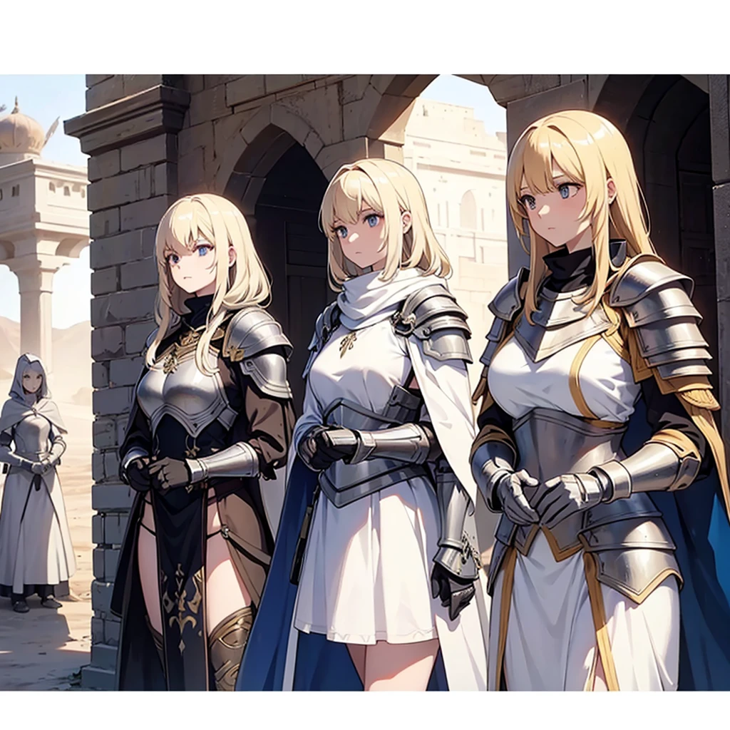 A group of female knights in the middle of the desert, women, white skin, blond hair, three women, light armor, cloaks,