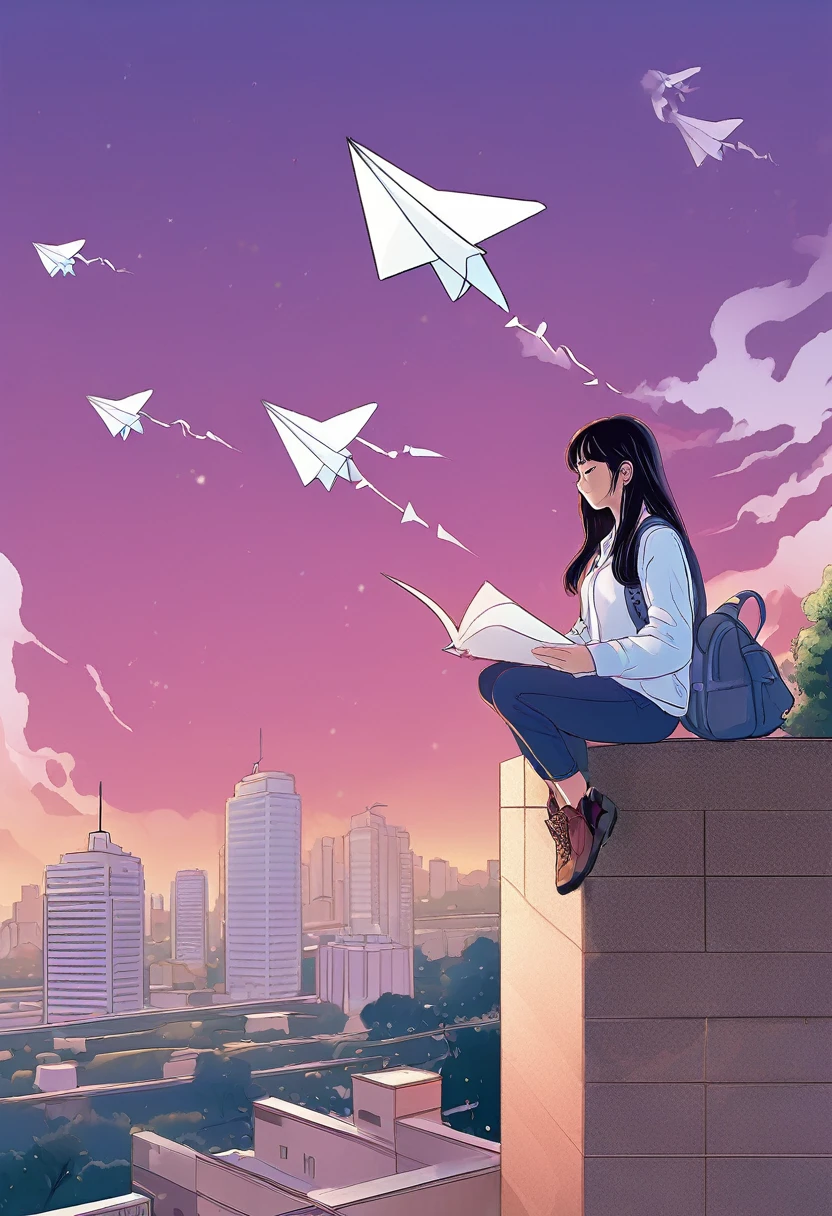 
a woman was sitting writing on top of a building, there were three white paper airplanes scattered in the air, with a beautiful twilight sky., manga style