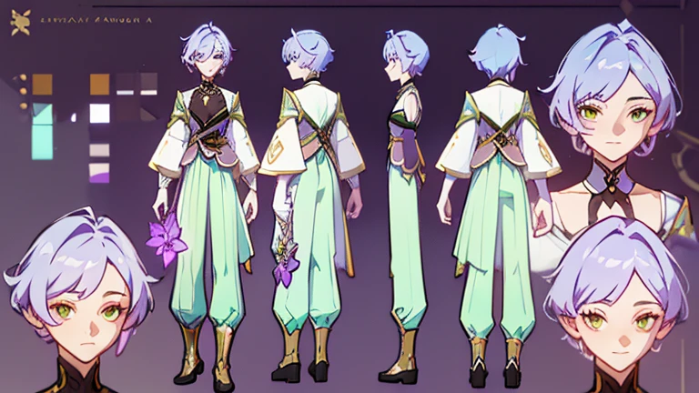 (Masterpiece, best quality), detailed, 1 woman, ((character concept art)), ((character design sheet, same character, front, side, back)), full body, body complete, 1 female, 1 women. Detailed face, character design sheet full body, Highly detailed, character sheet, character design, Many parts, pale skin, green eyes, short purple hair, male hairstyle, short male hair, lavender flower, lavender flower reference, lavender flower character reference, lavender flower inspired, male clothes, male clothing, flat chest, Solarpunk, Solarpunk reference, Solarpunk inspired outfit, pants, white, gold, pastel purple, dark green outfit color palette.