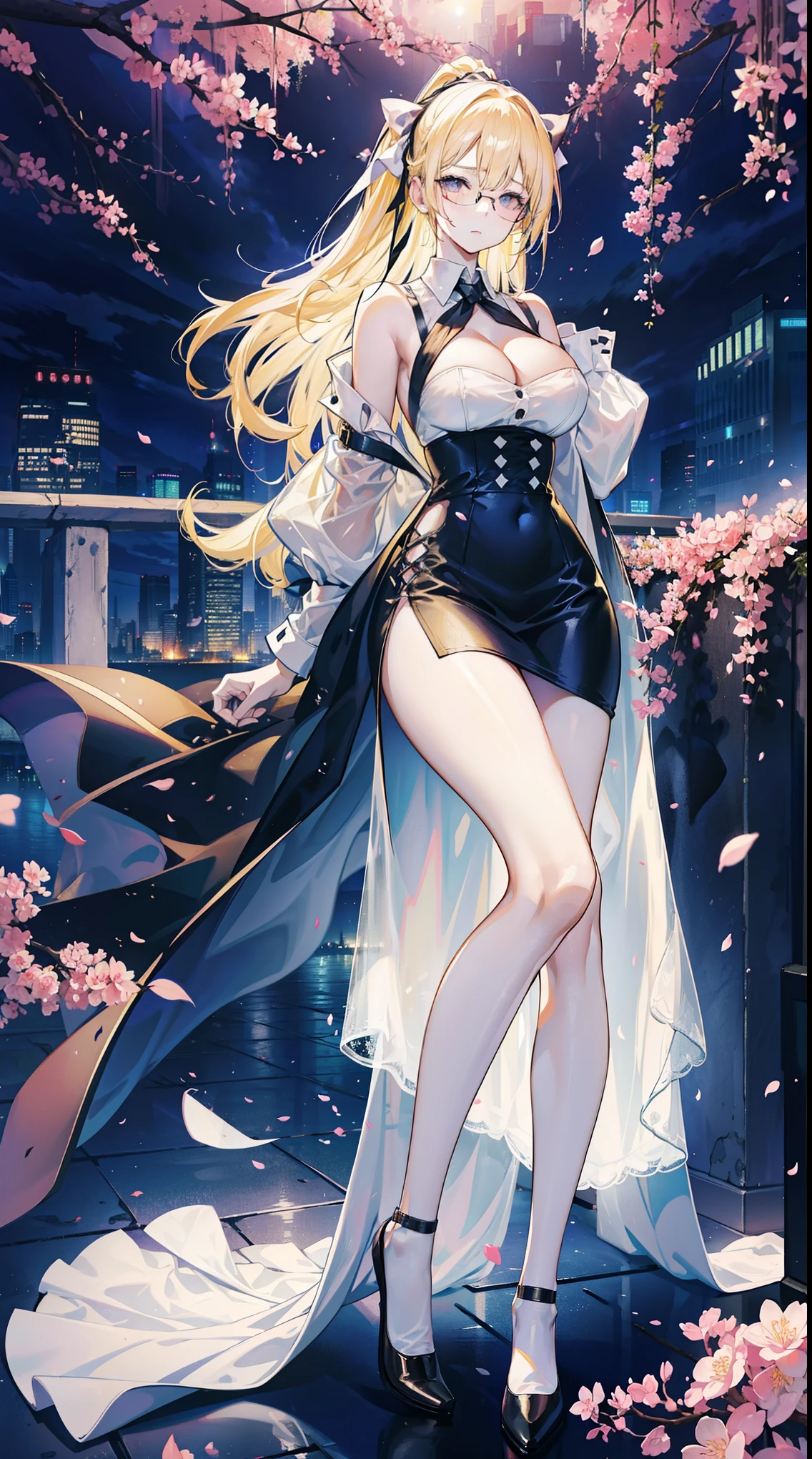 Young and beautiful Kathryn Newton, Glasses, White dress shirt, Very deep neckline, Black Mini Dress, Dark hose, Surreal, 14 yeel figure, Large Breasts, Beautifuts, Big Ass, Long hnytail, Blondair, Long legs, 8K, futuristic city, Cherry blossoms, sunrise, LED lighting, Anime style, (((Cleavage)))，（（Leaning against the eways posture））
