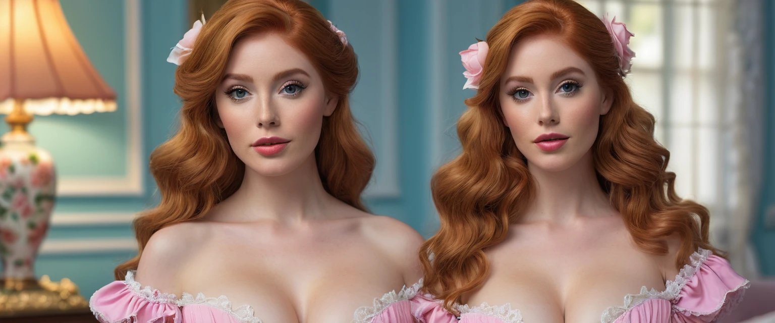 Create imaginative and amazing images demonstrating the style of ((Southern Belle)), hyper realistic, 8k, vibrant colors, sharp crisp image, Ginger hair, large pert breasts, topless, big  showing