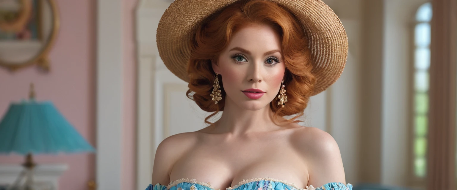Create imaginative and amazing images demonstrating the style of ((Southern Belle)), hyper realistic, 8k, vibrant colors, sharp crisp image, Ginger hair, large pert breasts, topless, big  showing