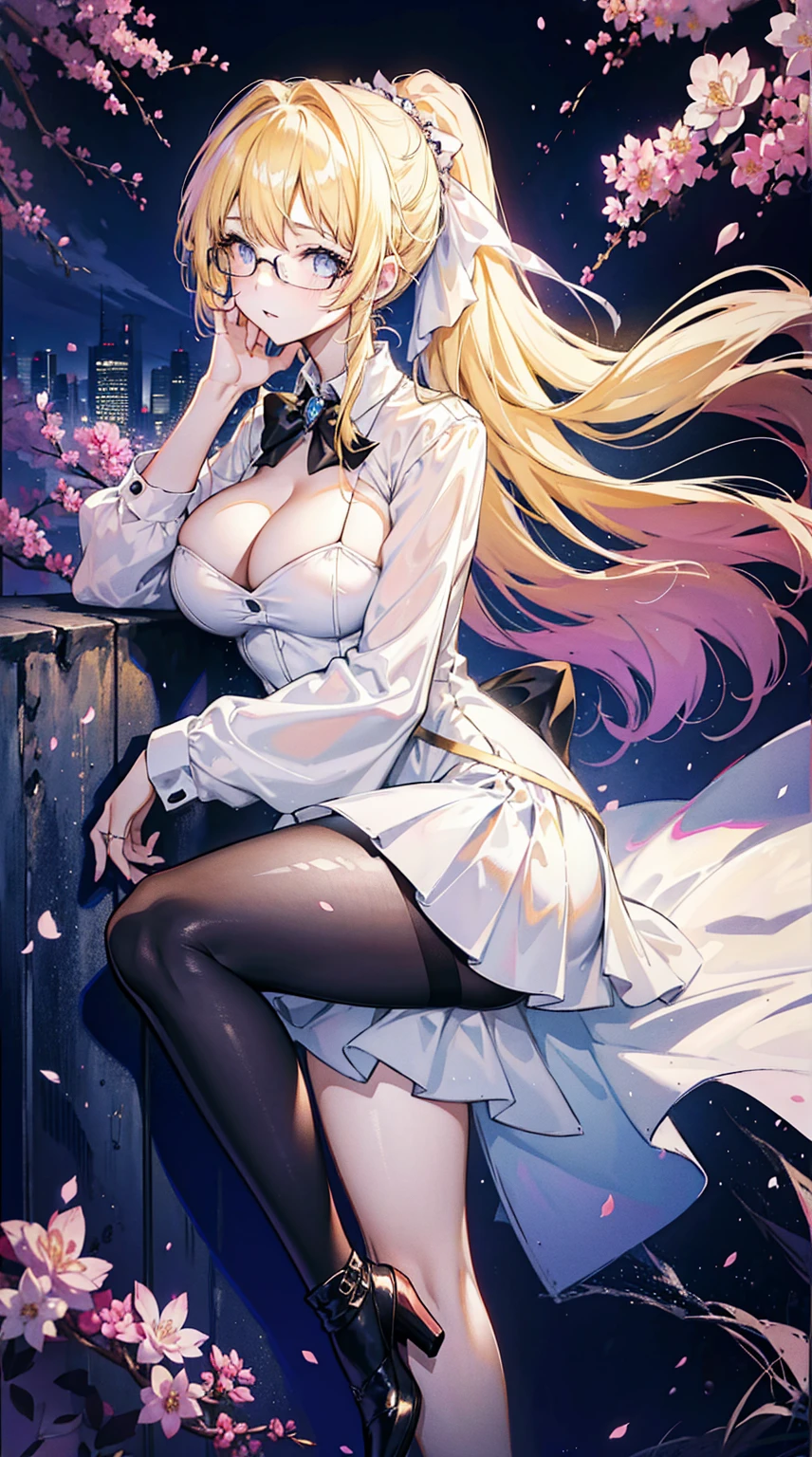 Young and beautiful Kathryn Newton, Glasses, White dress shirt, Very deep neckline, Black Mini Dress, Dark pantyhose, Surreal, , Model figure, Large Breasts, Beautiful breasts, Big Ass, Long hair, Ponytail, Blonde hair, Long legs, 8K, futuristic city, Cherry blossoms, sunrise, LED lighting, Anime style, (((Cleavage))),((Leaning against the wall,Sideways posture))